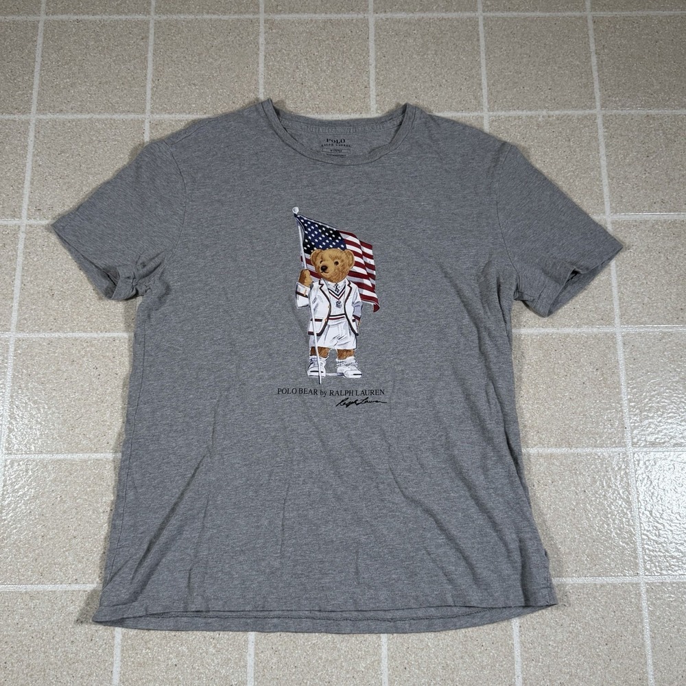 Polo Ralph Lauren Polo Bear T-Shirt Men's M Gray American Flag Graphic Preppy